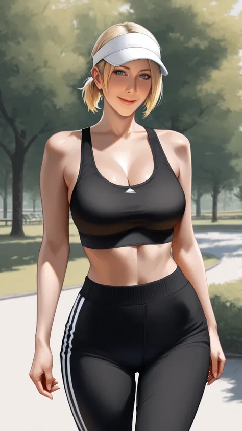 masterpiece, Highest Quality, detail, Realistic, cowboy shot, smile, 1girl, solo, Alice Leo, Blonde, short hair, short ponytail, blue eyes, black sports bra, Black Track Pants, white visor cap, Parks, trees,