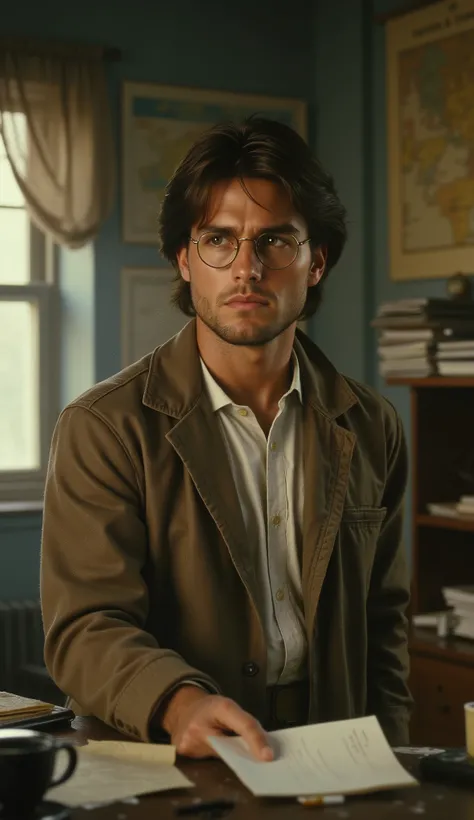 ((Ultrarealism)) (photorealism:1.2), Create an image of a man paranormal investigator, tall, thin with a beard and shoulder-length hair, brown hair, around 35 years old. He wears a slightly loose, light-colored suit, brown pants, a white social shirt , and...