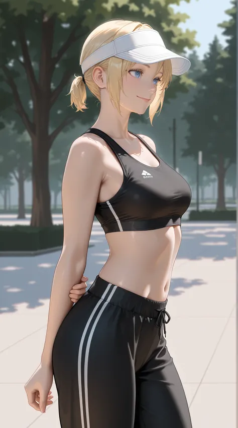 masterpiece, Highest Quality, detail, Realistic, cowboy shot, smile, 1girl, solo, Alice Leo, Blonde, short hair, short ponytail, blue eyes, black sports bra, Black Track Pants, white visor cap, Parks, trees,