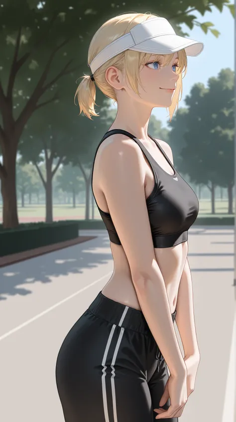 masterpiece, Highest Quality, detail, Realistic, cowboy shot, smile, 1girl, solo, Alice Leo, Blonde, short hair, short ponytail, blue eyes, black sports bra, Black Track Pants, white visor cap, Parks, trees,