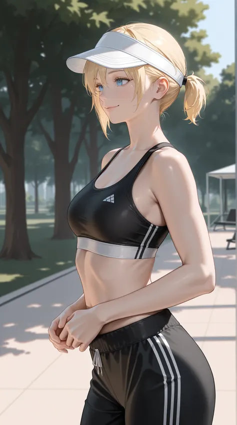masterpiece, Highest Quality, detail, Realistic, cowboy shot, smile, 1girl, solo, Alice Leo, Blonde, short hair, short ponytail, blue eyes, black sports bra, Black Track Pants, white visor cap, Parks, trees,