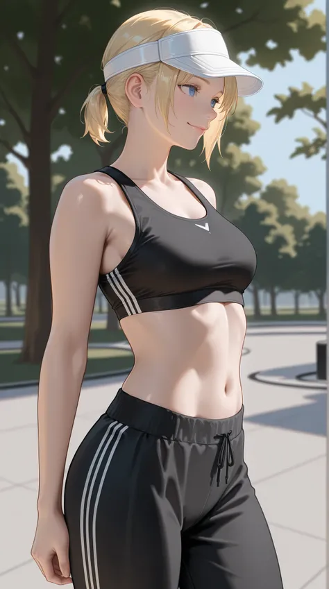 masterpiece, Highest Quality, detail, Realistic, cowboy shot, smile, 1girl, solo, Alice Leo, Blonde, short hair, short ponytail, blue eyes, black sports bra, Black Track Pants, white visor cap, Parks, trees,