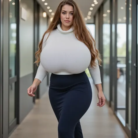 
A 35 years old very attractive business lady, very very long wavy hair, all her very long hair falling very erotically over her left shoulder only, she has huge massive low hanging sagging big breasts , ihre extrem riesigen und schweren Brüste hängen bei ...