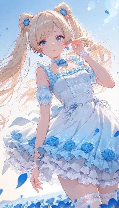(Best Quality, ultra detailed, masterpiece, 8k, 16k, Wallpaper, Anatomically correct, fine detailed skin, fine detailed eyes, fine detailed hair, fine detailed hands, Accurate hands), 1 girl, super long hair, hight twintail hair, swept bangs, Hair blowing ...