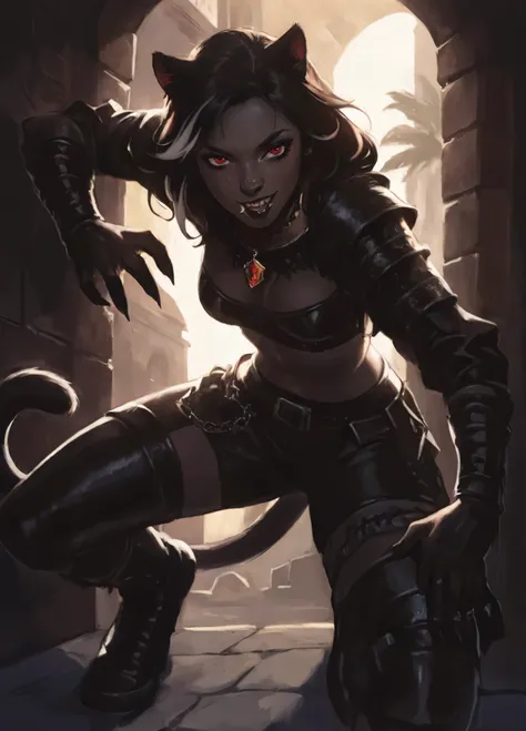 Drawn like the artist Bob Kehl. She looks like a monster, a Panther-girl and has a horizontal scar across her nose. She has black skin and black fur. Monster girl with white and dark hair, deep red-coloured eyes, slanted Asian eyes, small sharp canine teet...