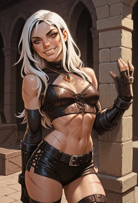 Drawn like the artist Bob Kehl. She looks like Cammy White and has a horizontal scar across her nose. Inca girl with white and dark hair, deep red-coloured eyes, slanted Asian eyes, small sharp canine teeth, black eyeliner, athletic body and soft abs. Slen...