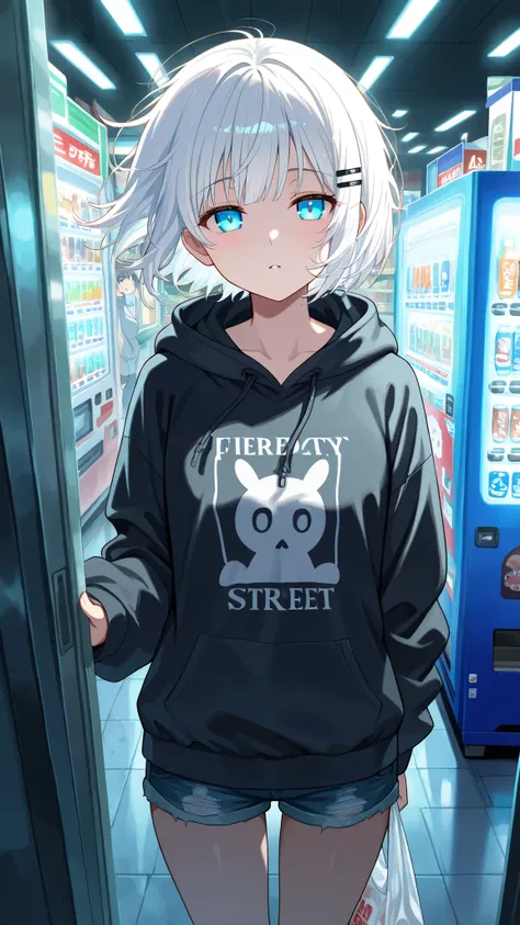 BREAK (masterpiece:1.2),Anime-style Japanese convenience store at night, fluorescent lights glowing inside, vending machines standing near the entrance, soft reflections on the pavement. Quiet street around, simple and cozy atmosphere, highly detailed illu...