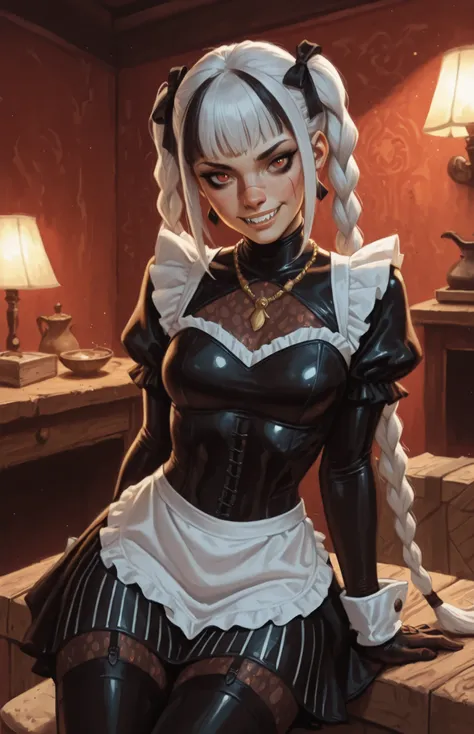 Drawn like the artist Bob Kehl. She looks like Cammy White and has a horizontal scar across her nose. Inca girl with white and dark hair, brown skin, deep red-coloured eyes, slanted Asian eyes, sharp canine teeth, black eyeliner, athletic body and soft abs...