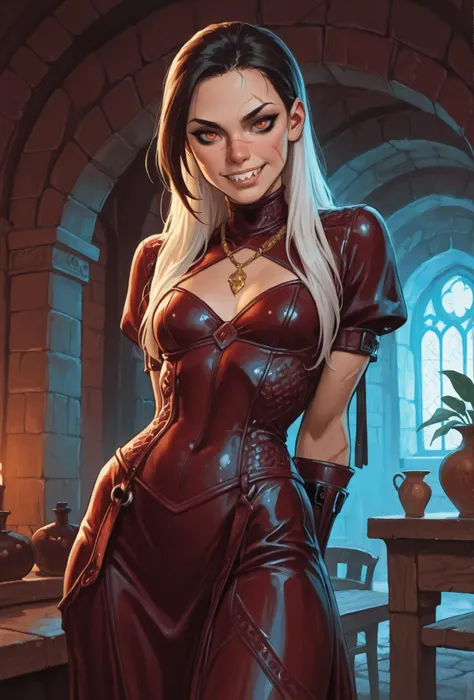 Drawn like the artist Bob Kehl. She looks like Cammy White and has a horizontal scar across her nose. Inca girl with white and dark hair, brown skin, deep red-coloured eyes, slanted Asian eyes, sharp canine teeth, black eyeliner, athletic body and soft abs...