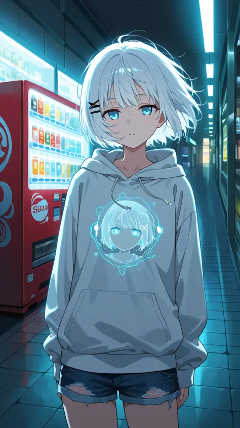 BREAK (masterpiece:1.2),Anime-style Japanese convenience store at night, fluorescent lights glowing inside, vending machines standing near the entrance, soft reflections on the pavement. Quiet street around, simple and cozy atmosphere, highly detailed illu...