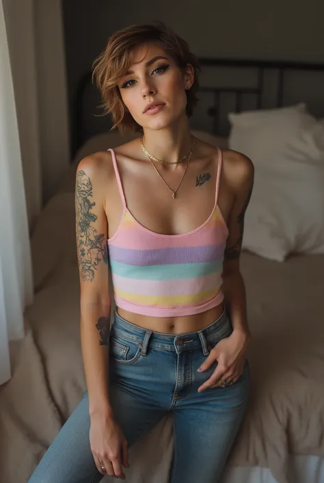 young cute skinny femboy, full body shot, bold winged eyeliner, submissive devote expression, alluring, short tousled bob hairstyle, casual hair across forehead, pastel tank top worn on flat male chest, slightly cropped to reveal midriff and hip bones, tig...
