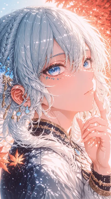 male male性 Men's men's of the left eye is facing the front (profile) fall season autumn leaves dance wind Curly hair Long Size bundles his hair beautiful eyes shining eyes precise finger shape Beautiful blue-based makeup、handsome guys handsome Hi...