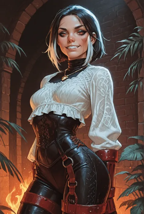 Drawn like the artist Bob Kehl. She looks like Cammy White and has a horizontal scar across her nose. Inca girl with white and dark hair, bigger head, deep red-coloured eyes, slanted Asian eyes, small sharp canine teeth, black eyeliner, athletic body and s...