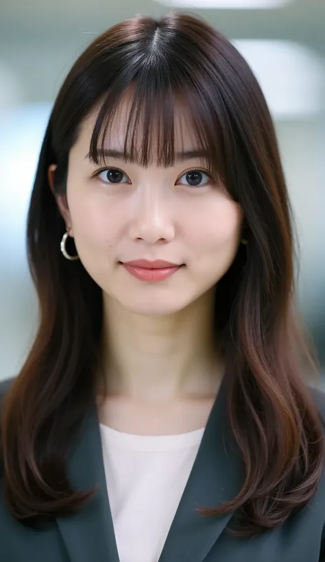 Neat Young Woman、looking at the camera、office lady suit、jacket、shirt、耳にピアス、、黒髪、、虚ろな表情、、、face close-up、The background is office
