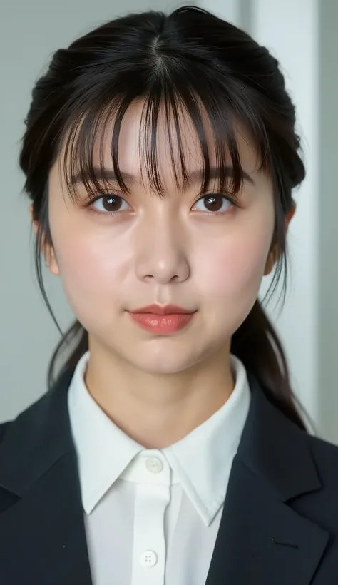Neat Young Woman、looking at the camera、office lady suit、jacket、shirt、耳にピアス、、無表情、、face close-up、The background is office
