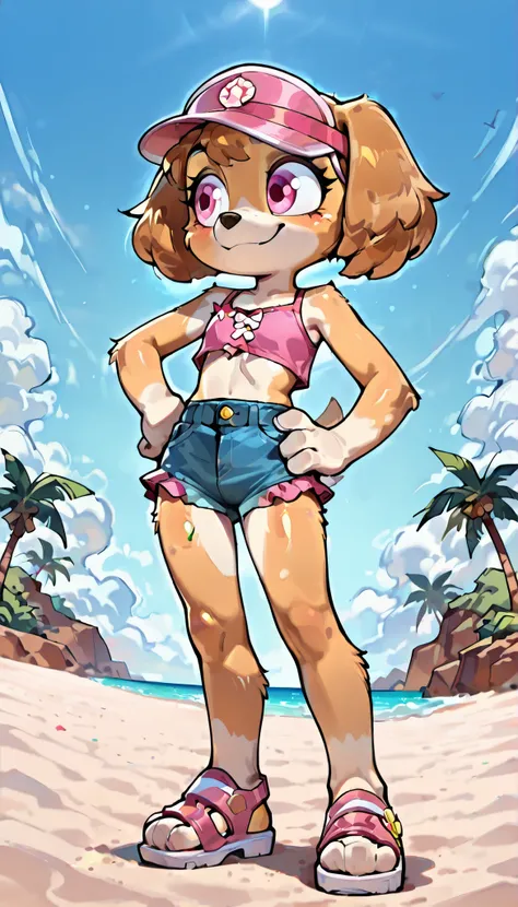 score_9, score_8_up, score_8, source_cartoon, source_furry, 1girl, solo, Skye(PP), dog, anthro, dog, furry, Cockapoo, pink eyes, golden-brown body fur, golden-brown hair, cute face, 4 fingers, ((pink visor hat, pink frilly tankini, midriff, denim shorts, s...