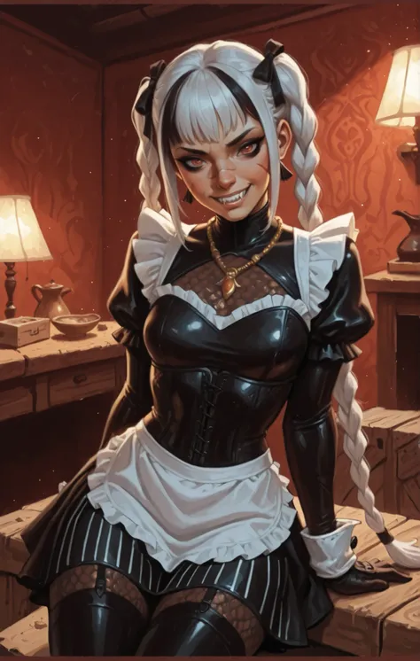 Drawn like the artist Bob Kehl. She looks like Cammy White and has a horizontal scar across her nose. Inca girl with white and dark hair, brown skin, deep red-coloured eyes, slanted Asian eyes, sharp canine teeth, black eyeliner, athletic body and soft abs...