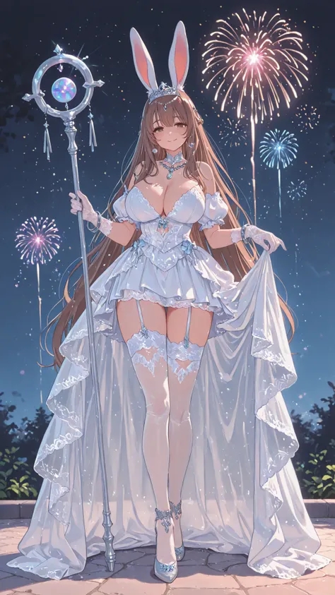 Fantasy rabbit goddess, adult, mature, tall, sexy wedding dress with short skirt, lace trim, lace gloves, silver garter with white net stocking,  brown hair, very long hair, shinning blue eyes, rabbit ear, silver tiara, silver ornament, silver bangle on kn...