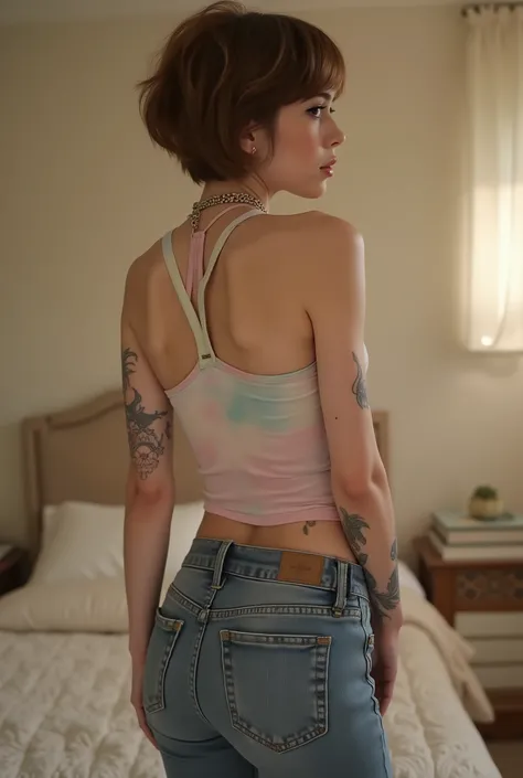 young cute super skinny, femboy, androgynous, full body shot, crossdresser, bold winged eyeliner, submissive devote expression, horny, alluring, short tousled hairstyle, casual hair across forehead, pastel tank top worn on flat male chest, slightly cropped...