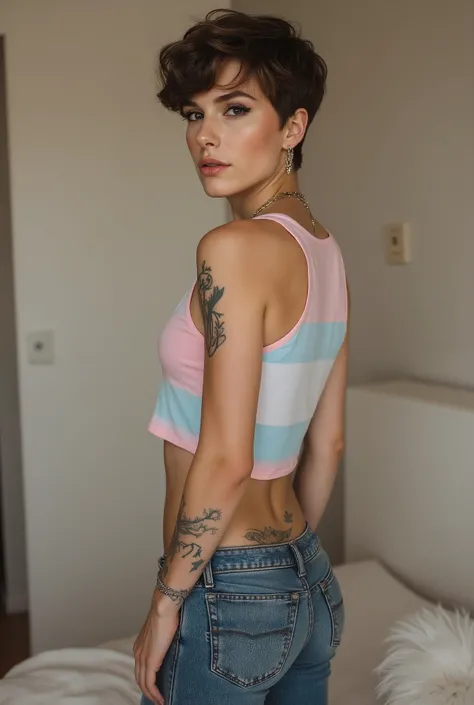 youthful cute, super skinny, boy, androgynous, full body shot, crossdresser, bold winged eyeliner, submissive devote expression, horny, alluring, short tousled hairstyle, casual hair across forehead, pastel tank top worn on flat male chest, slightly croppe...