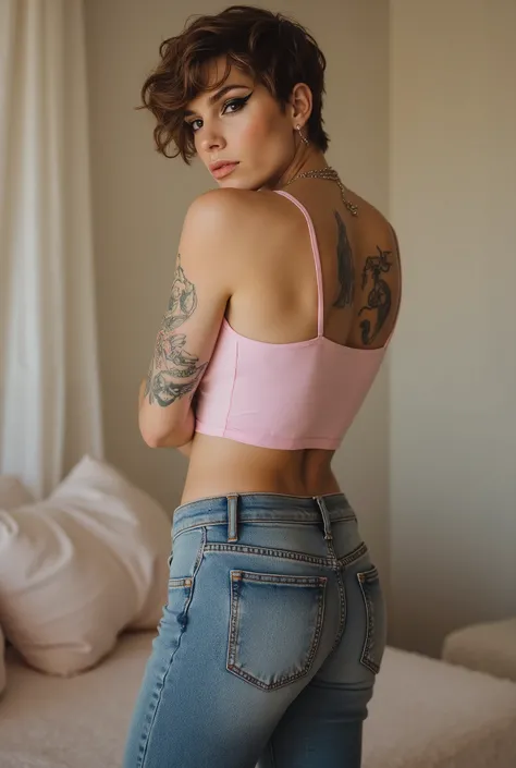 youthful cute, super skinny, boy, androgynous, full body shot, crossdresser, bold winged eyeliner, submissive devote expression, horny, alluring, short tousled hairstyle, casual hair across forehead, pastel tank top worn on flat male chest, slightly croppe...