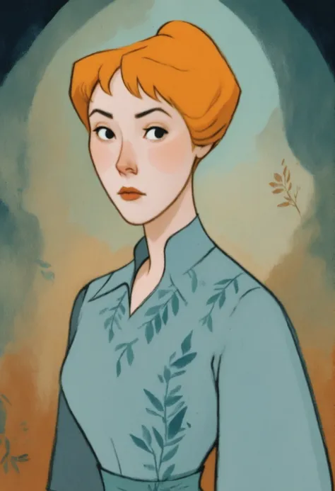 dkri style, hyper detailed gouache portrait of 1girl, xanitax, orange hair, short hair, updo, black eyes, painterly illustration, gouache layered textures, soft illustration, 2d art, abstract background, masterpiece, best quality, flat illustration, extrem...