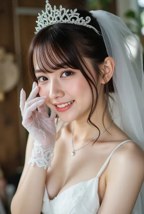 (Highest Quality, 8k, 32K, masterpiece, ultra high res:1.2,expresses fine skin,Fine skin,Whitening,Award-Winning Works) dark-haired woman Put a small crown on your head wear a white lace wedding veil over your head place a hand with white lace gloves on yo...