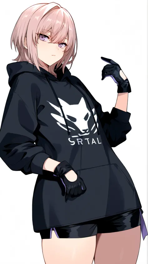 masterpiece, best quality, newest, absurdres, highres, detailed eyes, 1girl, mature, solo, light-white pink hair, short hair, wolf cut, double-parted bangs, swept bangs, single hair intake, hair between eyes, cool serious eyes, light-purple eyes, flat ches...