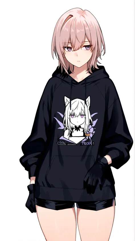 masterpiece, best quality, newest, absurdres, highres, detailed eyes, 1girl, mature, solo, light-white pink hair, short hair, wolf cut, double-parted bangs, swept bangs, single hair intake, hair between eyes, cool serious eyes, light-purple eyes, flat ches...