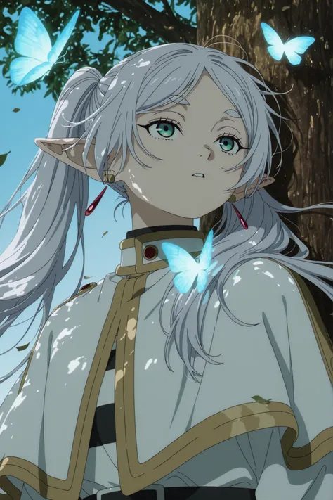 masterpiece, best quality, newest, absurdres, highres, beautiful, detailed background, anime coloring, artwork, 1girl, solo, frieren, elf, pointy ears, grey hair, long hair, twintails, green eyes, blue eyes, earrings, 1girl, solo, frieren, elf, pointy ears...