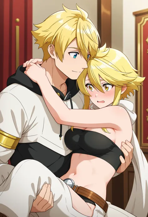 best quality, masterpiece, couple, romantic couple, male and female, Arthur Pendragon, blue eyes, black hoodie, white jeans, blonde, carry Leone in his arms, his expression cold yet determined. Leone gazes up at him in awe, feeling completely safe and cher...