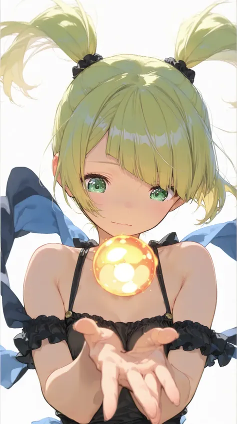 ((White background:1.4))(high resolution masterpiece, high resolution, High Accuracy in Selection, high resolution, top quality:1.2)(super definition, high resoluion, 8k) middle ponytail, diagonal bangs, hair covering eyes:1.3, Beautiful green eyes, Blue d...