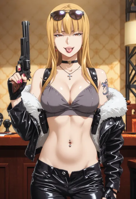 1girl,solo,mm,mature female,long hair,blonde hair,bangs,brown eyes,mole under eye,lipstick,,anime coloring, makeup,lipstick ,jewelry,earrings, nail polish, ear piercing, long hair, , lipstick, Hot girl, baddie,, sensual, attractive ,choker , cross necklace...