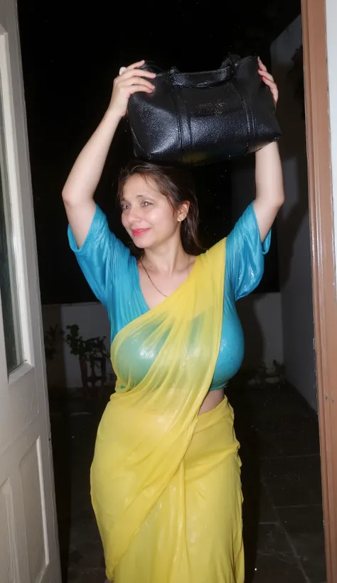 wet clothes, soaking wet, wet hair,A very beautiful Indian woman, 40 years age, fair skin, beautiful thick long hair in messy wet hair style, with big busty breasts, natural sagging breasts, making a generous curvy cleavage, wearing a simple sheer yellow c...