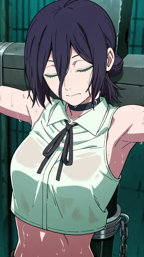 masterpiece, best quality, amazing quality, anime screencap, anime coloring, 1girl, solo, reze \(chainsaw man\), reze, green eyes, hair between eyes, hair bun, black choker, black ribbon, white sleeveless shirt, crop top, stomach focus, collared shirt, clo...
