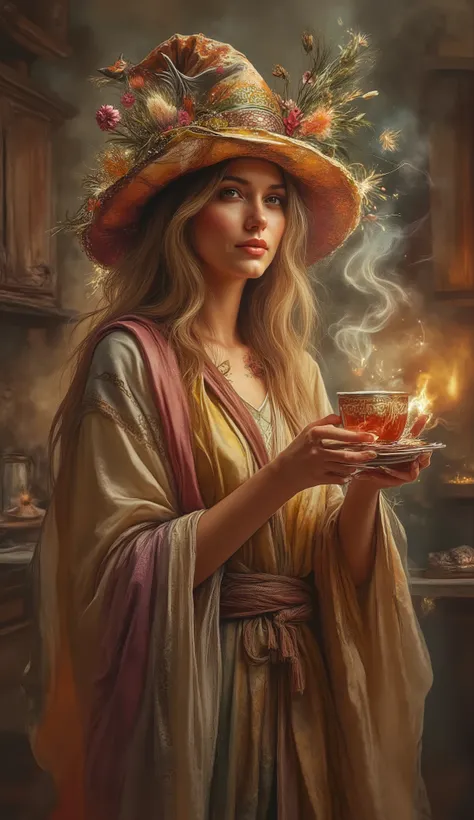 Sorceress with magic hat stands in the kitchen and makes herself a cup of tea with magic