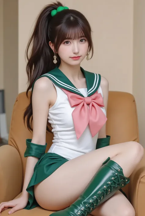 photorealistic cosplay photo, Japanese gravure style,
a tall and athletic Japanese idol-style young woman cosplaying as Sailor Jupiter from Sailor Moon,
bust-up or three-quarter portrait,
long brown hair tied in a high ponytail with green bobbles, bangs...