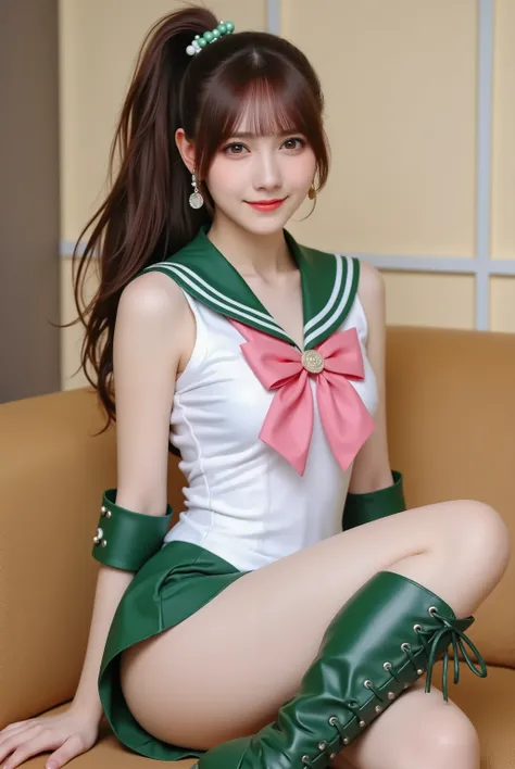 photorealistic cosplay photo, Japanese gravure style,
a tall and athletic Japanese idol-style young woman cosplaying as Sailor Jupiter from Sailor Moon,
bust-up or three-quarter portrait,
long brown hair tied in a high ponytail with green bobbles, bangs...