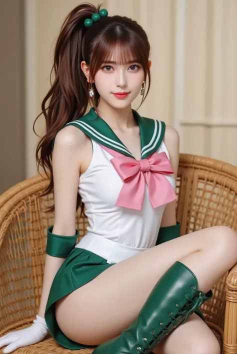 photorealistic cosplay photo, Japanese gravure style, 
a tall and athletic Japanese idol-style young woman cosplaying as Sailor Jupiter from Sailor Moon, 
bust-up or three-quarter portrait, 
long brown hair tied in a high ponytail with green bobbles, bangs...