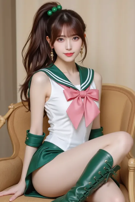 photorealistic cosplay photo, Japanese gravure style,
a tall and athletic Japanese idol-style young woman cosplaying as Sailor Jupiter from Sailor Moon,
bust-up or three-quarter portrait,
long brown hair tied in a high ponytail with green bobbles, bangs...