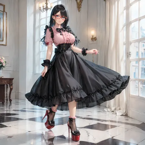 ((inspired by )),((inspired by Animation Style:1.5)),(masterpiece, best quality),beautiful, beautiful-woman, ((detailed face)).(full body:1.3).,
((black hair)), glasses, blue eyes, long hair, over-rim eye-wear,semi-rimless eye-wear, between eyes .(red-fra...