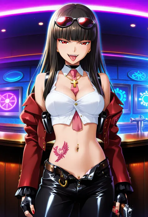 , fisheye, looking at viewer, 1girl, solo, lucifer, stakes of purgatory, long hair, black hair, bangs, blunt bangs, red eyes, pink necktie, white shirt, collared shirt, red jacket, long sleeves, frilled sleeves,, nail polish , , makeup , ear piercing , lon...