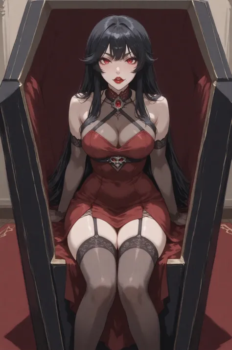 (red lips), (((1 girl))), black stockings, (((solo girl))), high detail, masterpiece, castle room, in the castle room, red dress, red eyes, black hair to the shoulders, vampire girl, cunning face, ((sitting in a coffin)), vampire coffin,