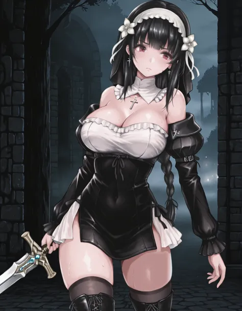  masterpiece, the best quality, muy estético, approach, 1girl, rabiane, only, Alone, standing, dynamic pose, holds a sword in his hand, serious look, black high boots, thigh-high boots,  cross necklace, detailed face, detailed eyes, detailed eyes, Red Eyes...