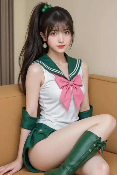 photorealistic cosplay photo, Japanese gravure style,
a tall and athletic Japanese idol-style young woman cosplaying as Sailor Jupiter from Sailor Moon,
bust-up or three-quarter portrait,
long brown hair tied in a high ponytail with green bobbles, bangs...