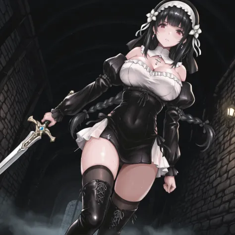  masterpiece, the best quality, muy estético, approach, ((seen from below)), 1girl, rabiane, only, Alone, standing, dynamic pose, holds a sword in his hand, serious look, black high boots, thigh-high boots,  cross necklace, detailed face, detailed eyes, de...