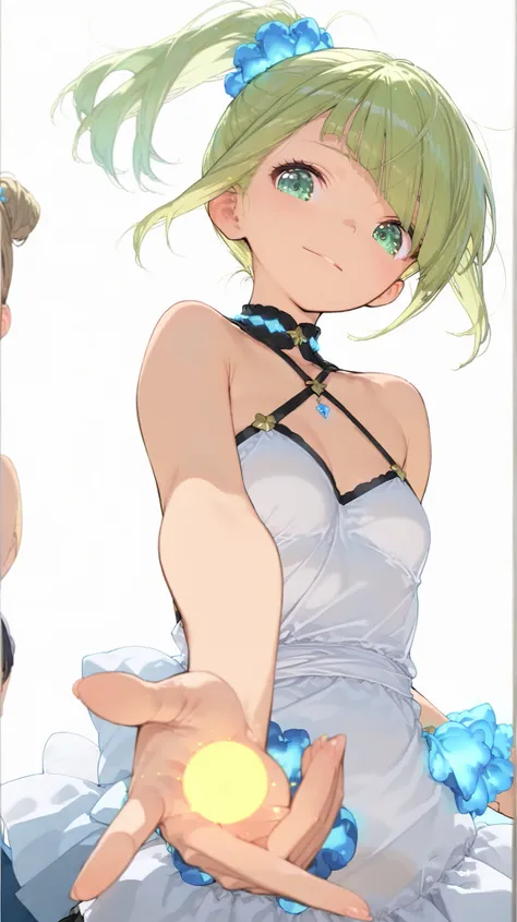 ((White background:1.4))(high resolution masterpiece, high resolution, High Accuracy in Selection, high resolution, top quality:1.2)(super definition, high resoluion, 8k) middle ponytail, diagonal bangs, hair covering eyes:1.3, Beautiful green eyes, Blue d...