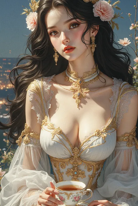 (8K, highest quality, masterpiece), (photorealistic, photoreal: 1.37), extremely detailed depiction

{A woman standing on the roof of a building at night}

Highly distinctive miniature art, delicate and beautiful illustration, a dreamy and hyper-realistic ...