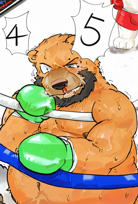 (((nosebleed、Swollen cheeks、左Mole on eye 、Tired body 、Tired Expression、swollen face、Swollen body 、Mole on eye 、sweat、KO,bear loser,swollen face,swollen body,knocked out、naked足、is in tatters)))、(furry doll (Bear), Nipples, Anso , Tired Expression, extremely...