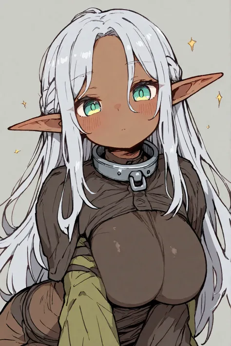 elf young small little girl, dark skin, solo, long hair, silver hair, large breasts, iron collar, adventurer outfit, daggers